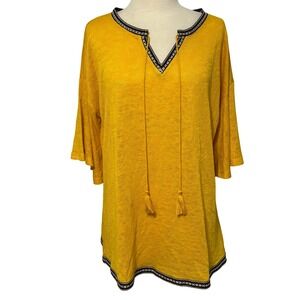 C EST 1946 Yellow Boho Tunic Top Tassel Embroidered Trim Bell Sleeve Women M